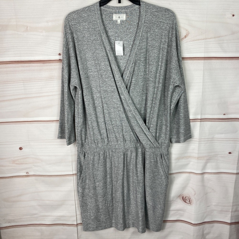 Lou & Grey Dress Womens L Gray Knit Elastic Waist Shift V-Neck 3/4 Sleeve Solid